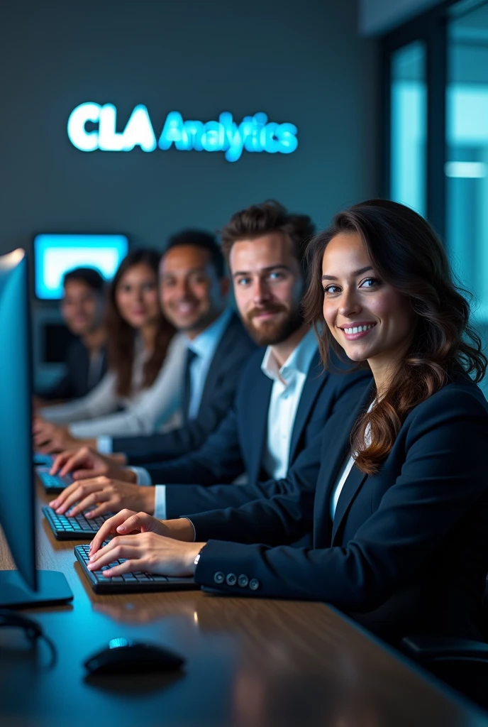 "Create an image of a team of analysts consisting of 6 people of different genders with a snow-white smile and an athletic build. They should have a confident and inviting expression on their face., they must be dressed in business attire. Design must convey professionalism, trust and innovation, and subtle elements of digital technology or blockchain in the background should highlight the company's technological focus. The overall look should be stylish., professional and attractive. The background is an office where employees sit and analyze cryptocurrency charts on their computers., on the walls there is the company logo 3 large letters CLA and a clearly readable inscription Cripto labs analytics» Waiting for the start