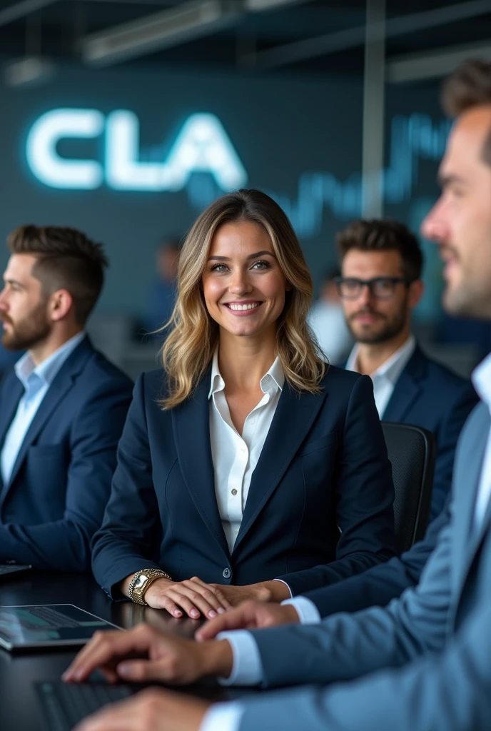 &quot;Create an image of a team of analysts consisting of 6 people of different genders with a snow-white smile and an athletic build. They should have a confident and inviting expression on their face., they must be dressed in business attire. Design must convey professionalism, trust and innovation, and subtle elements of digital technology or blockchain in the background should highlight the company&#39;s technological focus. The overall look should be stylish., professional and attractive. The background is an office where employees sit and analyze cryptocurrency charts on their computers., on the walls there is the company logo 3 large letters CLA and a clearly readable inscription Cripto labs analytics» Waiting for the start
