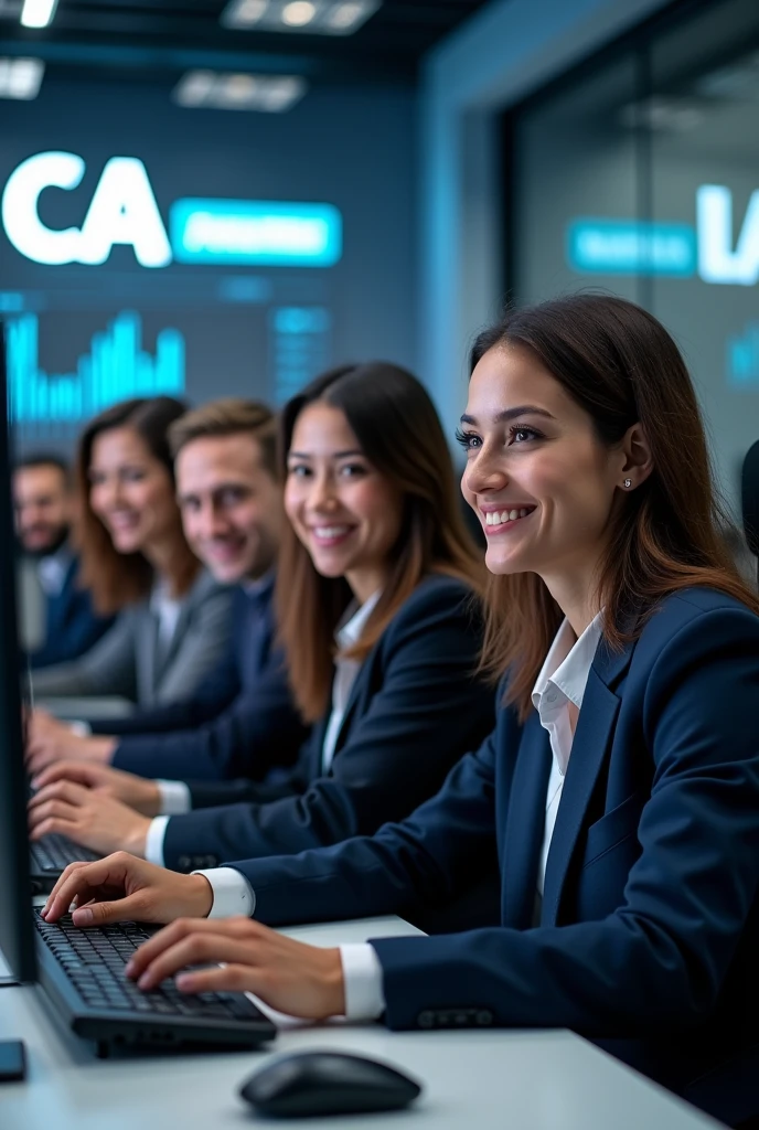 &quot;Create an image of a team of analysts consisting of 6 people of different genders with a snow-white smile and an athletic build. They should have a confident and inviting expression on their face., they must be dressed in business attire. Design must convey professionalism, trust and innovation, and subtle elements of digital technology or blockchain in the background should highlight the company&#39;s technological focus. The overall look should be stylish., professional and attractive. The background is an office where employees sit and analyze cryptocurrency charts on their computers., on the walls there is the company logo 3 large letters CLA and a clearly readable inscription Cripto labs analytics» Waiting for the start