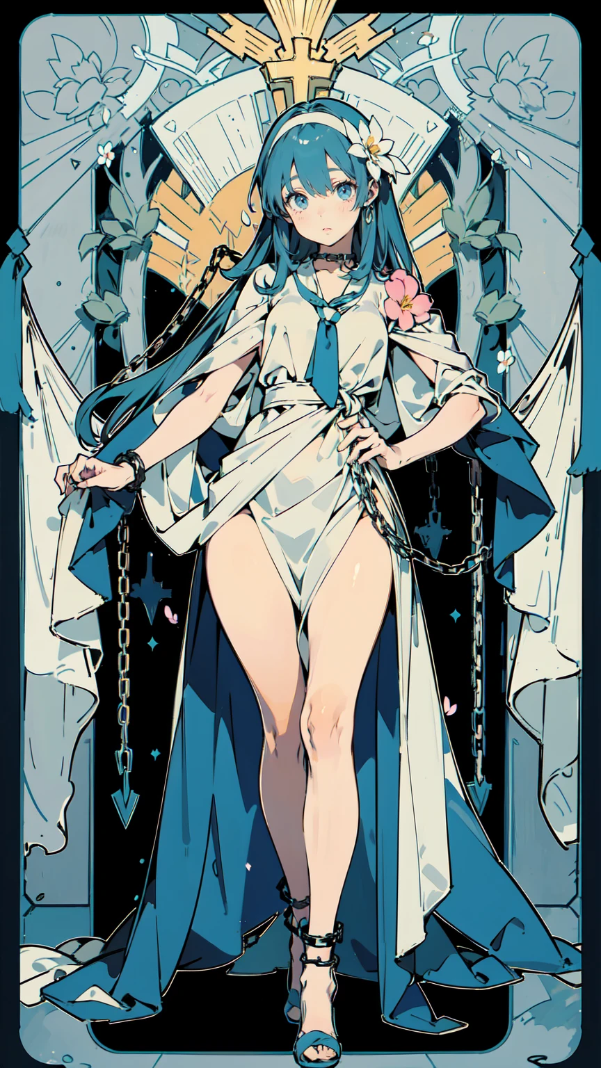 Tarot Cards、Masterpiece、Highest quality、Amazing details、Detailed Background、Line art、Written boundary depth、Flat Shading、Mucha style、Art Nouveau、(Tied down by chains of plants:1.3)、(Flower Art、Surrounded by lots of plants:1.2)、Wearing a majestic dress from the fantasy world、Vintage Color、colorful、Anatomically correct、Slim figure、Thick thighs、Hollow Eyes、Anguished expression、Perfect Face、Pastel blue hair、long hair、Embarrassing、She is blushing
