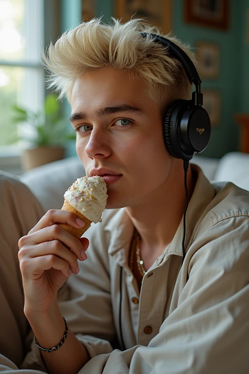 Masterpiese, best quality, man, Handsome，man, Baggy pants，Street fashion，1，Blonde，center-parted hairstyle , tattoo, Double eyelids，looking away , Headphones, lying on a bed with a natural curve in the body , viewed from the side, with a playful expression enjoying ice cream , dressed in early 2000s Y2K street fashion