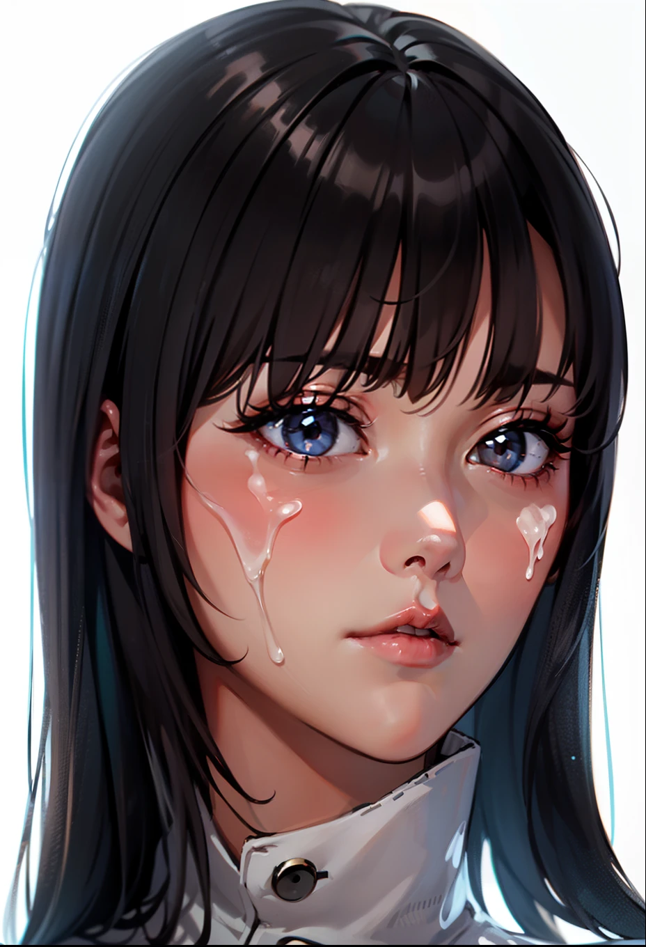 1 girl, black hair, esmerald (blank) (white background), light atmosphere, (light lighting), dark facial makeup, ((erotic expression))((face covered in semen))