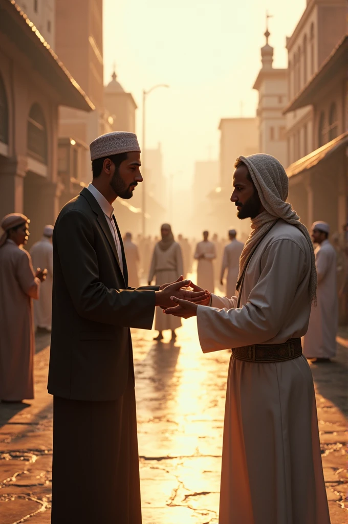 On a street in Madinah, a person is giving some money to another person but the other person is not taking the money. He is waving his hand and saying no.