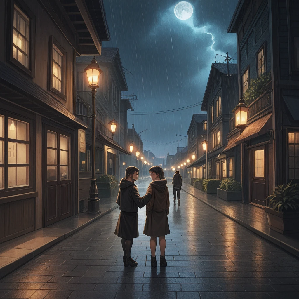 A powerful image that complements the lyrics provided, showing a scene of two people standing together in a stormy night, one comforting the other. The background is a dark, rain-soaked street with dim streetlights barely illuminating the surroundings. The comforting person stands tall and strong, while the other leans on them, conveying trust and support. The image should evoke a sense of deep friendship, unwavering support, and resilience through hardship. The color palette should be moody with dark blues and grays, contrasting with a subtle warm glow around the figures to signify hope and warmth