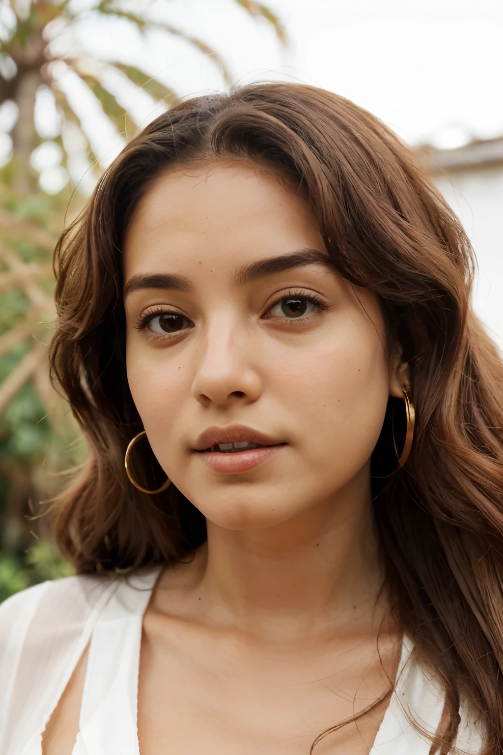 Create a highly realistic and high-quality image of old Mexican Mestizo woman with light to dark olive skin tone. Her face should be flawless with minor wrinkles and lines, possessing an oval shape. She has emerald green eyes, medium-thick and neatly shaped dark brown eyebrows, long and thick black eyelashes, and a medium-sized, straight nose with slightly flared nostrils. Her lips are full and pink, and she has white, even teeth. Her ears are small and neat, with a tiny mole near the left corner of her lips. Her hair is chestnut with golden highlights, wavy, healthy, and shiny, reaching the middle of her back. The hairstyle includes loose waves, slightly gathered at the front without bangs. Her expression should be neutral or with a slight smile, under soft, natural lighting to maximize realism. The background should be plain, non-distracting, studio or chroma key. She is dressed in a white silk blouse with a V-neck, and wears small golden stud earrings. Her makeup is light and natural, featuring a light foundation of natural shade, light pink blush, black lengthening mascara, and matte pink lipstick. Physical traits include a height of 175 cm, a weight of 65 kg, and an athletic, fuller figure with proportional shoulders and hips.
