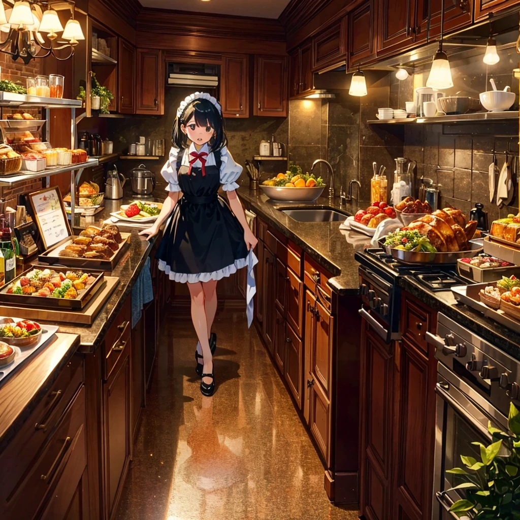 Live-action style, cartoon characters, figures, two pretty girls dressed as maids carrying sumptuous food, mansion kitchen, glitter