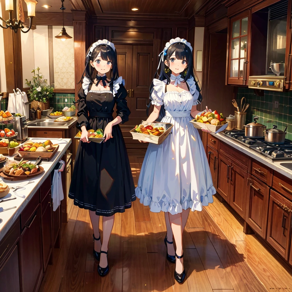 Live-action style, cartoon characters, figures, two pretty girls dressed as maids carrying sumptuous food, mansion kitchen, glitter