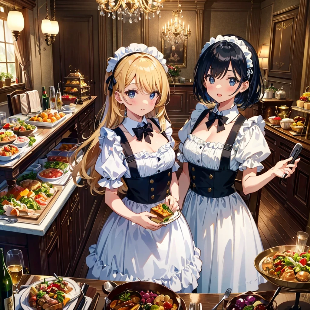 Live-action style, cartoon characters, figures, two pretty girls dressed as maids carrying sumptuous food, mansion kitchen, glitter