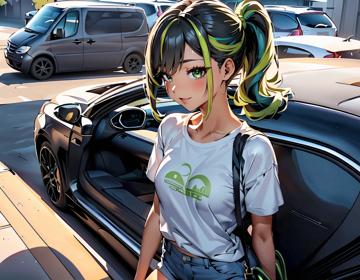 (highest quality:1.2, Very detailed, up to date, Vibrant, Ultra-high resolution, High Contrast, masterpiece:1.2, highest quality, Best aesthetics), Portraiture、girl, (slim:1.2), Bright colors、Beautiful fine details、Beautiful lip detail, long hair, (ponytail:1.3), white and yellow green ((streaked hair:1.6)), highlights hair: 1.5, (small breast:1) (tan skin:1.2), t-shirt, jeans shorts, shoulder bag, standing side of her car, blue sky