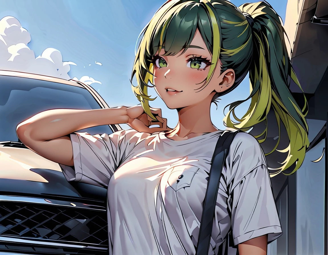 (highest quality:1.2, Very detailed, up to date, Vibrant, Ultra-high resolution, High Contrast, masterpiece:1.2, highest quality, Best aesthetics), Portraiture、girl, (slim:1.2), Bright colors、Beautiful fine details、Beautiful lip detail, long hair, (ponytail:1.3), white and yellow green ((streaked hair:1.6)), highlights hair: 1.5, (small breast:1) (tan skin:1.2), t-shirt, jeans shorts, shoulder bag, standing side of her car, blue sky