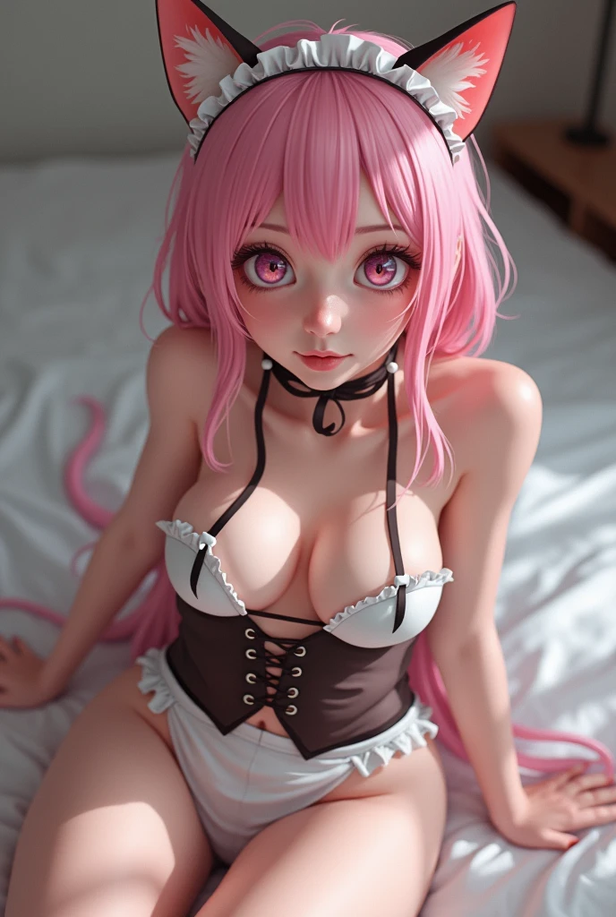 Sexy woman, rubbing big breast, big breasts, garter belt, no bra, lots of milk all over the body, on bed, beautiful, skinny, open eyes, cat ears, ahegao look, maid outfit, pink hair, doggy style pose
