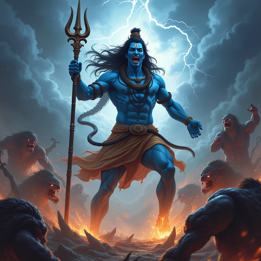 God Shiva is angry on devils with take trishul in hand