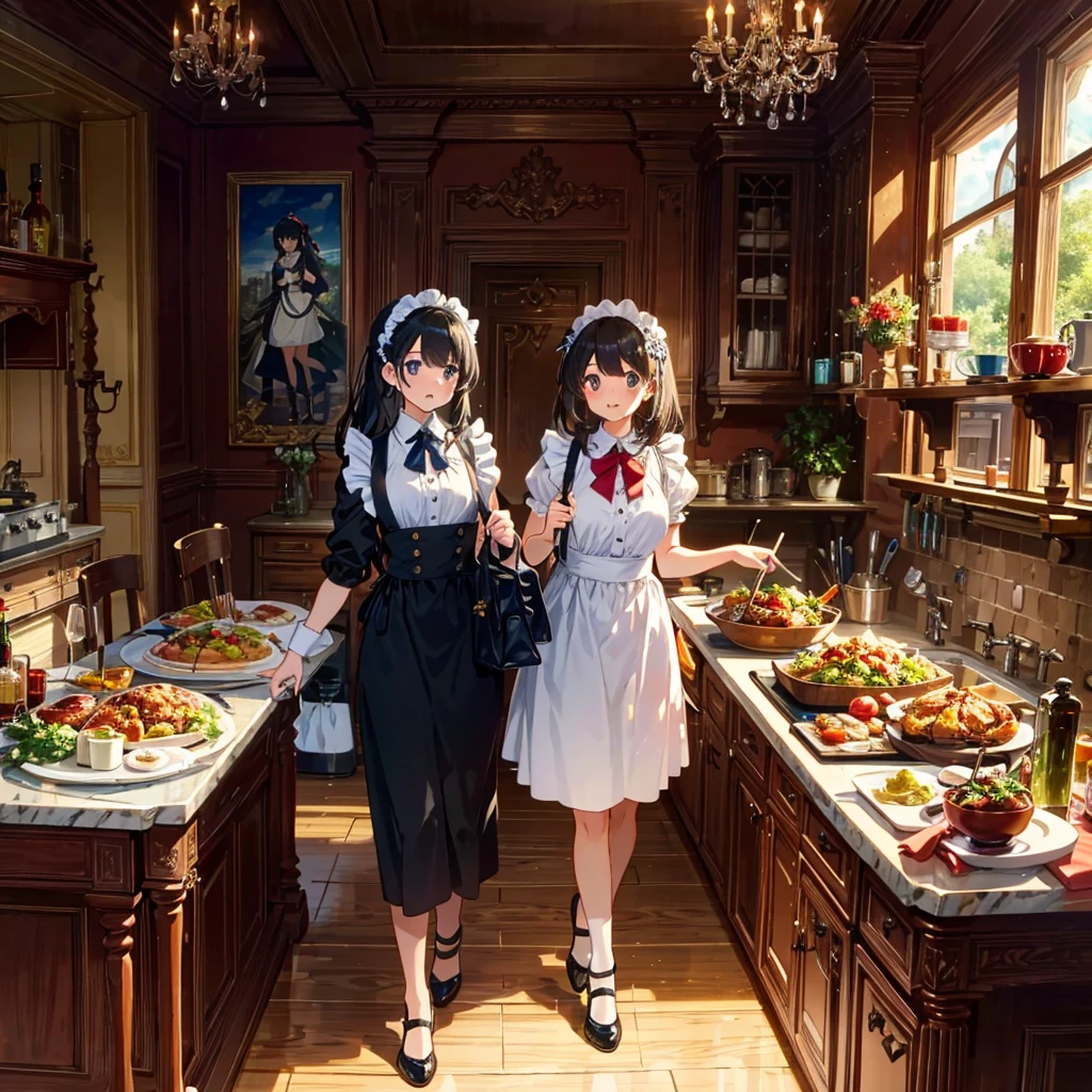Live-action style, cartoon characters, figures, two pretty girls dressed as maids carrying sumptuous food, mansion kitchen, glitter