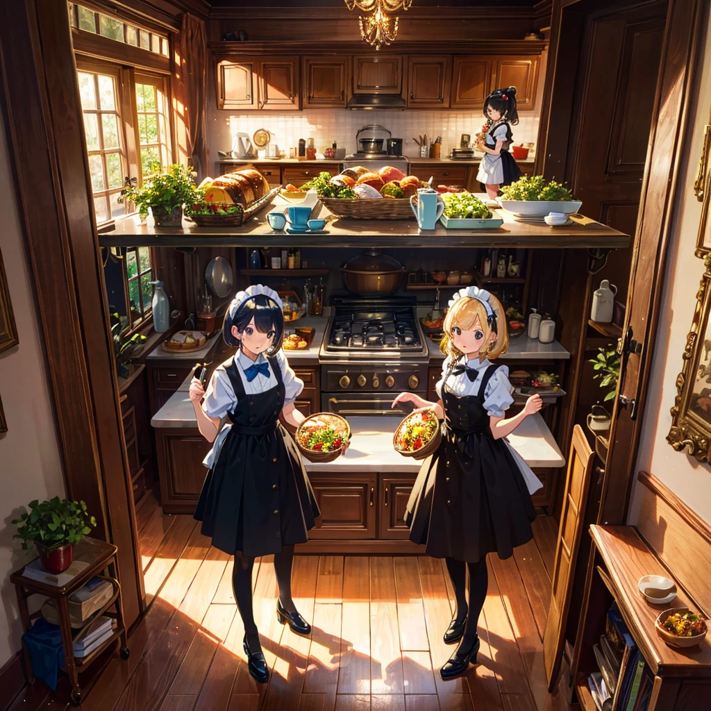 Live-action style, cartoon characters, figures, two pretty girls dressed as maids carrying sumptuous food, mansion kitchen, glitter
