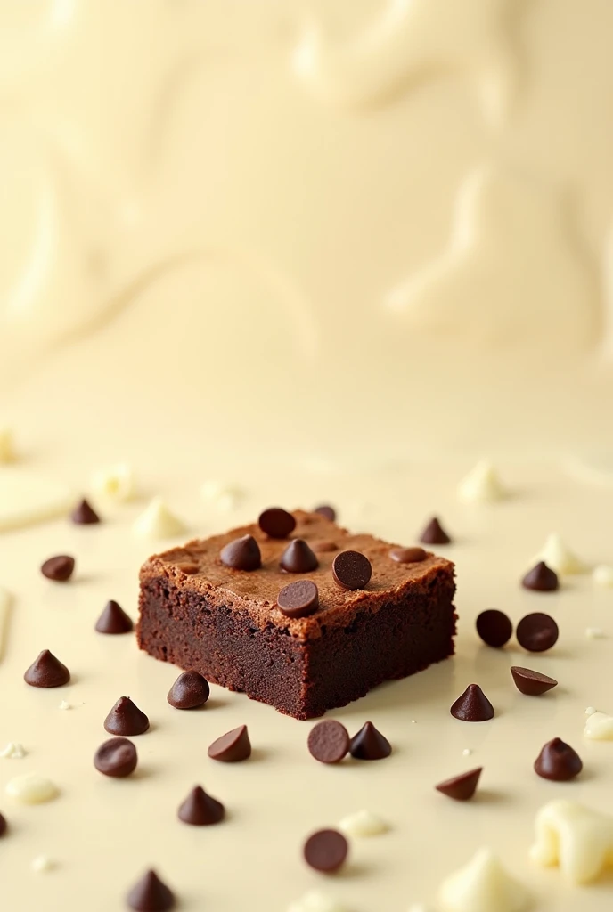 Create background with chocolate white  cream and single brownie , and choco chips  falling effects to make this look like an advertising use ai effects. 

Middle Space shoud be empty for product . 

