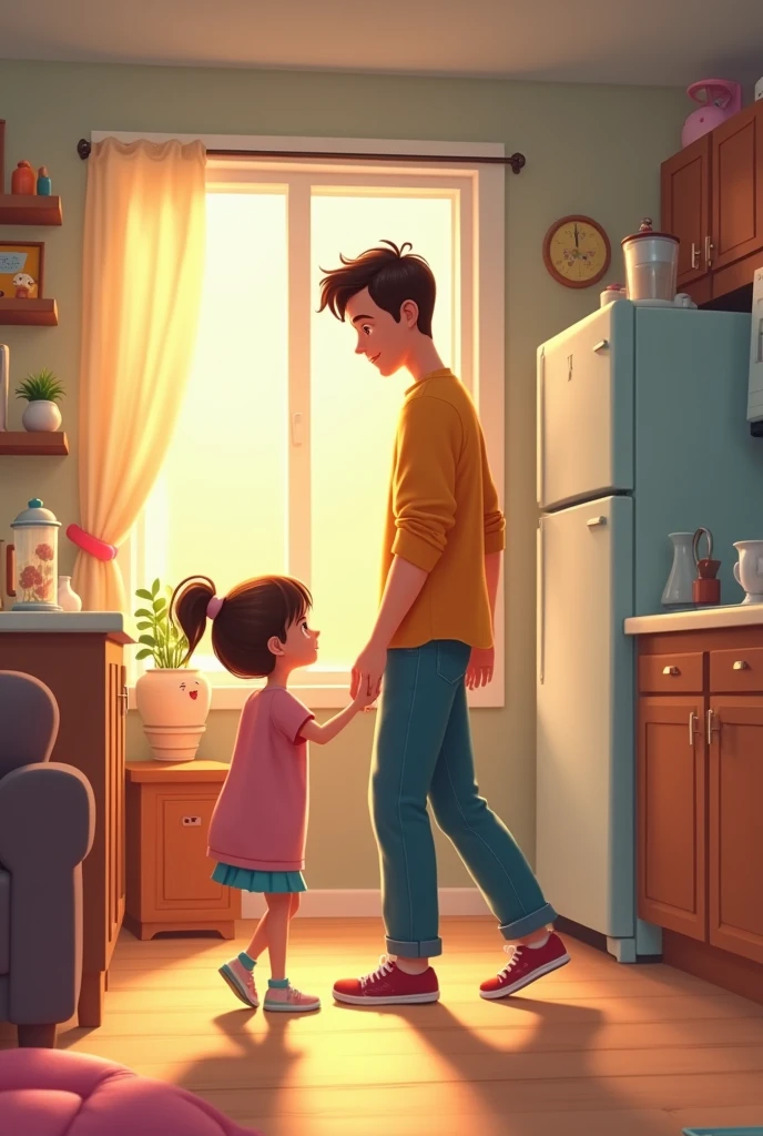 The young man, Lucas, wakes up to the sound of his alarm. He quickly turns it off, not wanting to disturb his daughter, Emily, who’s still asleep in her room. Lucas tiptoes to the kitchen and starts preparing breakfast. Animated pic 