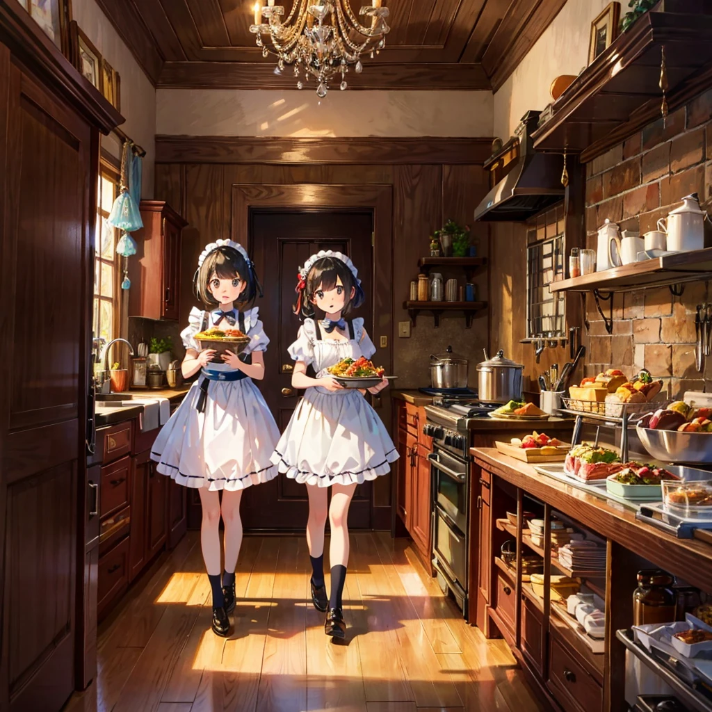 Live-action style, cartoon characters, figures, two pretty girls dressed as maids carrying sumptuous food, mansion kitchen, glitter
