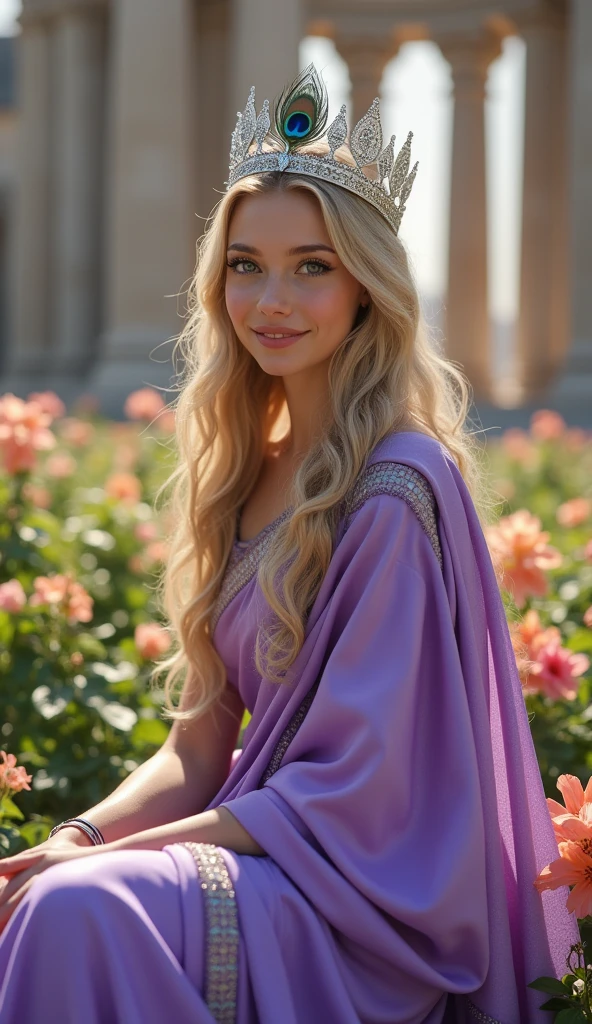 Full body closeup, young woman, sitting under castle with crafted four pillars surrounded flowers garden, silver tiara crown with a single peacock feather in front crown, wearing a bright levender silk sari, innocent, female, beautiful and delicate, dark blonde hair, White skin, open eyes, eye natural color, expression of peace and happiness, very saturated colors, front face