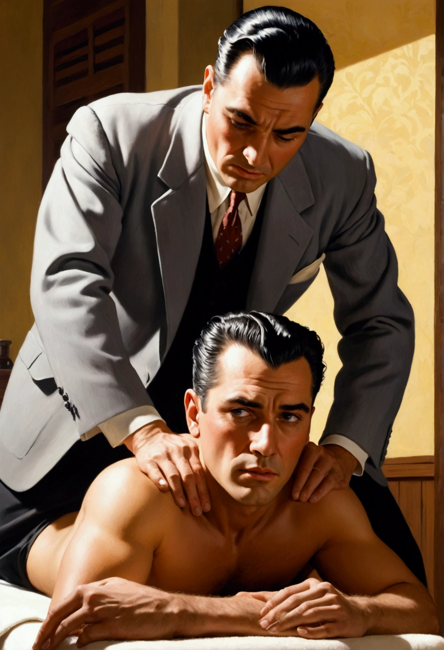 1950s setting, mobster having sex with a younger man during massage.
