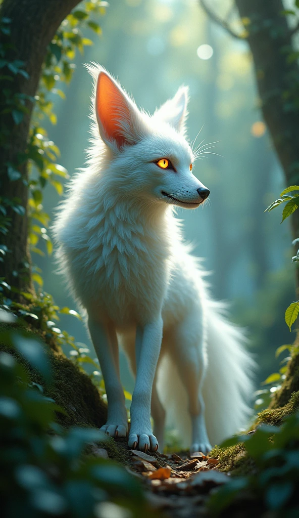 photo of a creature, monster, magic-fantasy-forest, digital art, most amazing artwork in the world, ((no humans)),volumetric light, soft balanced colours, forest scenery, vines, uhd, 8k octane render, magical, amazing, ethereal, intricate, intricate design, ultra sharp, shadows, cooler colors, trending on cgsociety, glowing eyes, ((best quality)), ((masterpiece)), (detailed), fox with white hair