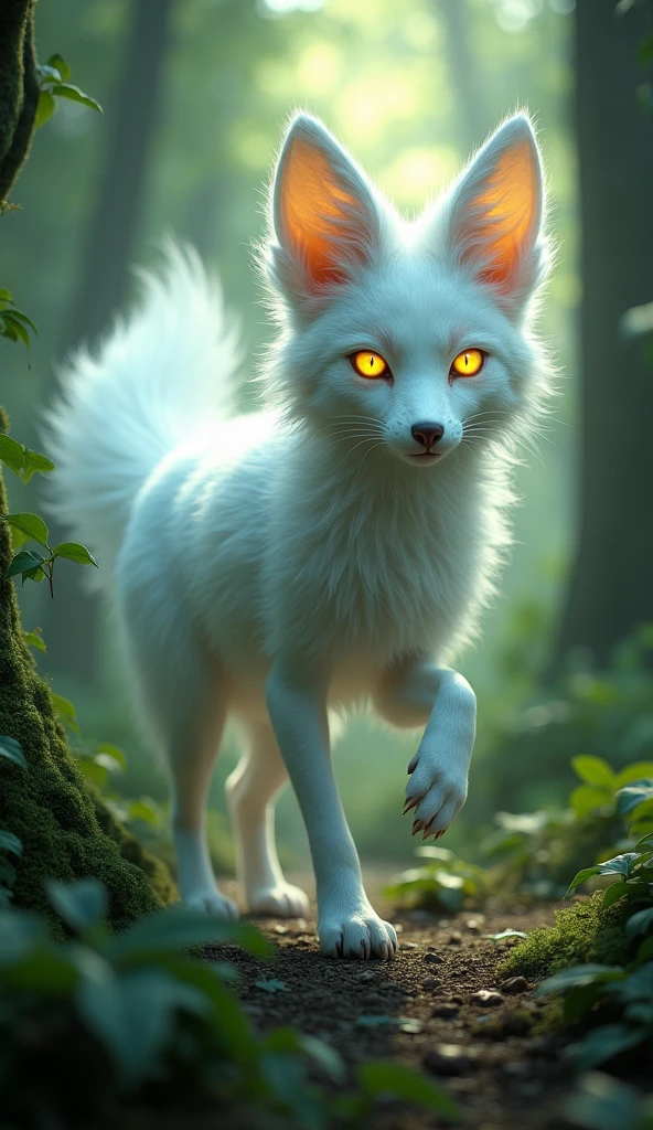 photo of a creature, monster, magic-fantasy-forest, digital art, most amazing artwork in the world, ((no humans)),volumetric light, soft balanced colours, forest scenery, vines, uhd, 8k octane render, magical, amazing, ethereal, intricate, intricate design, ultra sharp, shadows, cooler colors, trending on cgsociety, glowing eyes, ((best quality)), ((masterpiece)), (detailed), fox  with white hair
