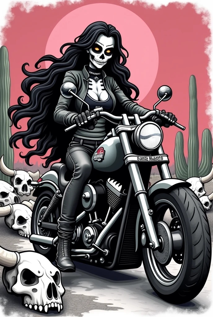 (Black and white doodle style cartoon) Holy Death, goddess of death, mexican skull face, deep eyes, two worlds, leather clothes and boots, dark wavy hair, scene with several skulls and ox skulls, cacto, pinks, Female empowerment, Holy, ride, be careful with your hand, high qualiy, detaileds, dark, on top of a custom motorcycle, Santa Muerte Motorcycle Club