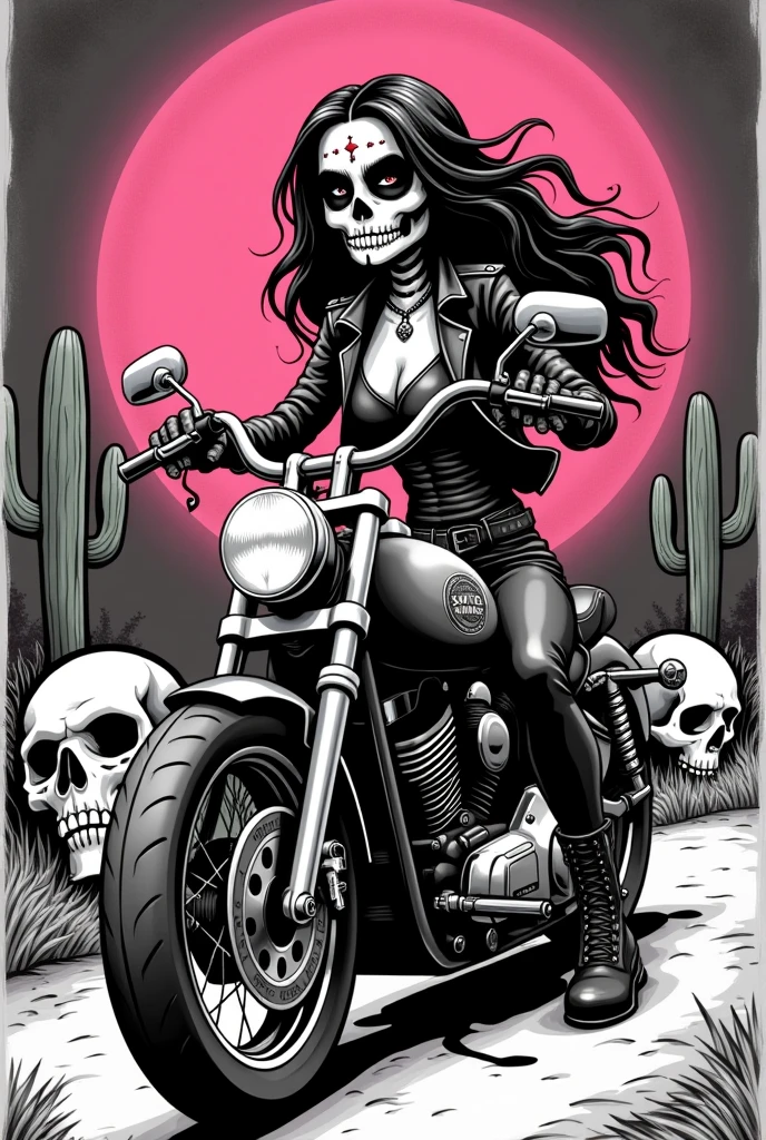(Black and white doodle style cartoon) Holy Death, goddess of death, mexican skull face, deep eyes, two worlds, leather clothes and boots, dark wavy hair, scene with several skulls and ox skulls, cacto, pinks, Female empowerment, Holy, ride, be careful with your hand, high qualiy, detaileds, dark, on top of a custom motorcycle, Santa Muerte Motorcycle Club