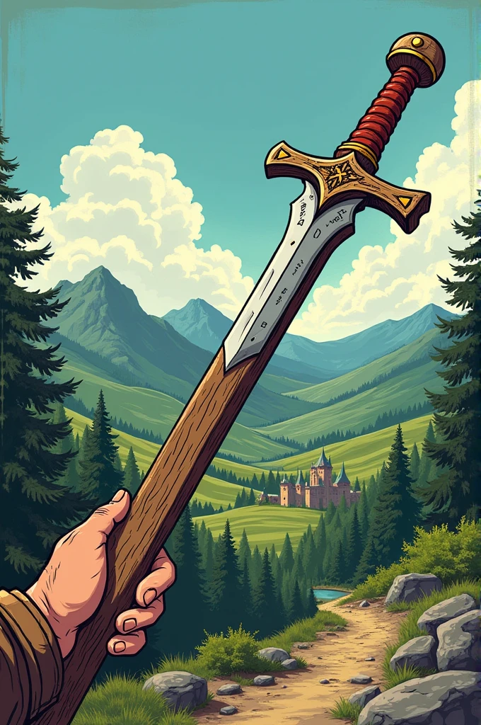 Create a wooden staff that has a hidden sword inside it in the style of old comics