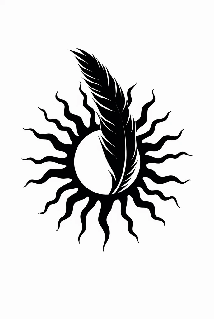 Dessine moi sur un fond blanc un dessin noir et blanc d'un soleil avec 22 rayons droits. Une grand et belle plume de rapace traverse le soleil pour former un Yin et un Yang au centre du soleil