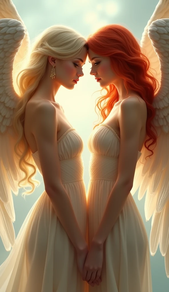 A very beautiful blonde female angel and a very beautiful red-haired female angel looking side by side, whole body, very thin dress