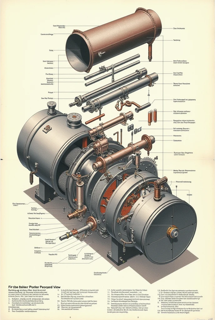 Exploded drawing of a fire tube boiler 