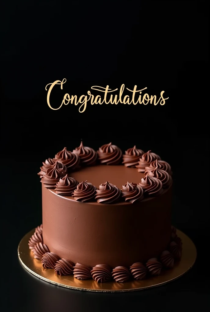 A 1kg chocolate cake with chocolate ganach 
with some decorations and with black background and written congratulations 