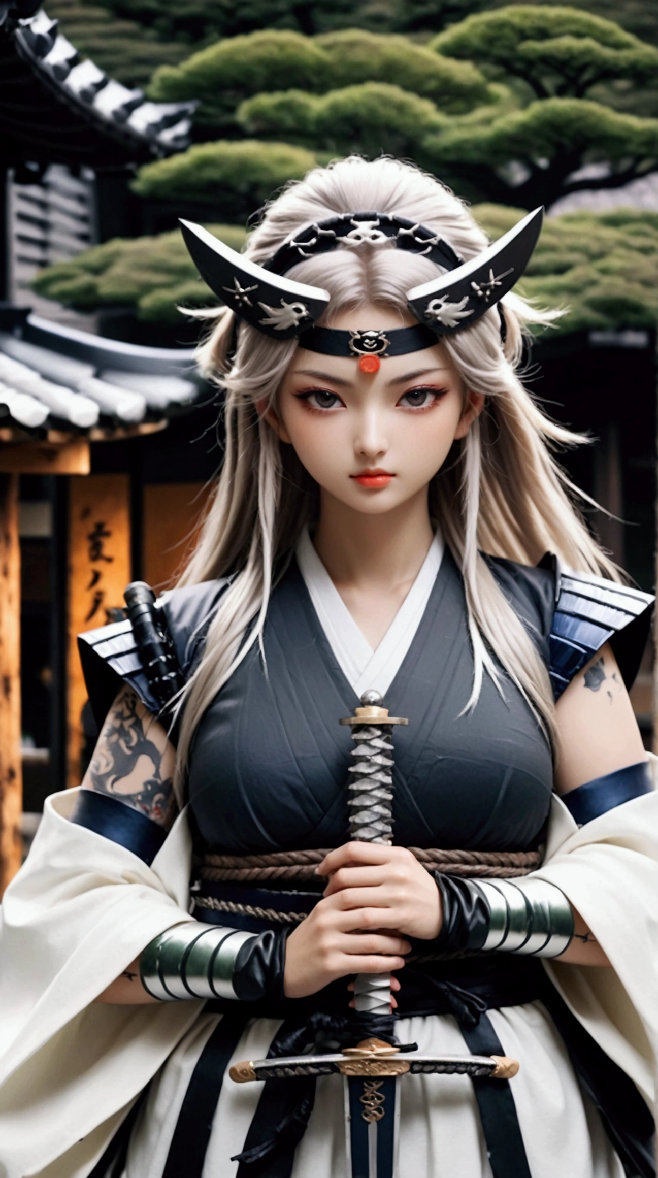 (Japanese sword &reference;Muramasa 2&reference;.2)Beautiful 2 woman、Japanese swordを持った女性、Shinobi Costume、Warrior、Clear Eyes、{Arm tattoo、Warrior、Realistic battle scenes、敵Warriorの返りBlood、Blood、High resolution、Highest quality、Very detailed、8k、background、