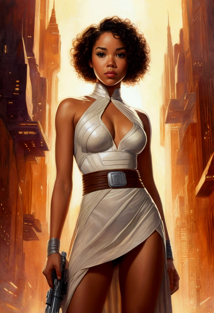 An illustrated movie poster, hand-drawn, full color, a teenage Jedi, 18-years-old, female, wearing a mini-dress, athletic hourglass figure, busty bosoms, full wide hips, massive round butt, long shapely legs, ridiculously thick powerful thighs, hazel eyes, dark hair, kinky curly bob cut, warm brown complexion, resembles Alexandra Shipp, standing above Coruscant, graphite shading, stencil marks, airbrushed acrylic paint, masterpiece, in the style of Drew Struzan 