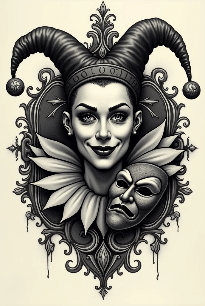Create a tattoo design of a Jester with a detailed and intricate appearance. The Jester should have a dual expression, with one side of the face showing a playful smile and the other side showing a somber, contemplative expression. The Jester is wearing a traditional hat with bells and is holding a theatrical mask in one hand. The design should incorporate elements of both light and dark, symbolizing the balance between humor and melancholy. Include ornamental patterns around the Jester to enhance the artistic feel, suitable for a tattoo.