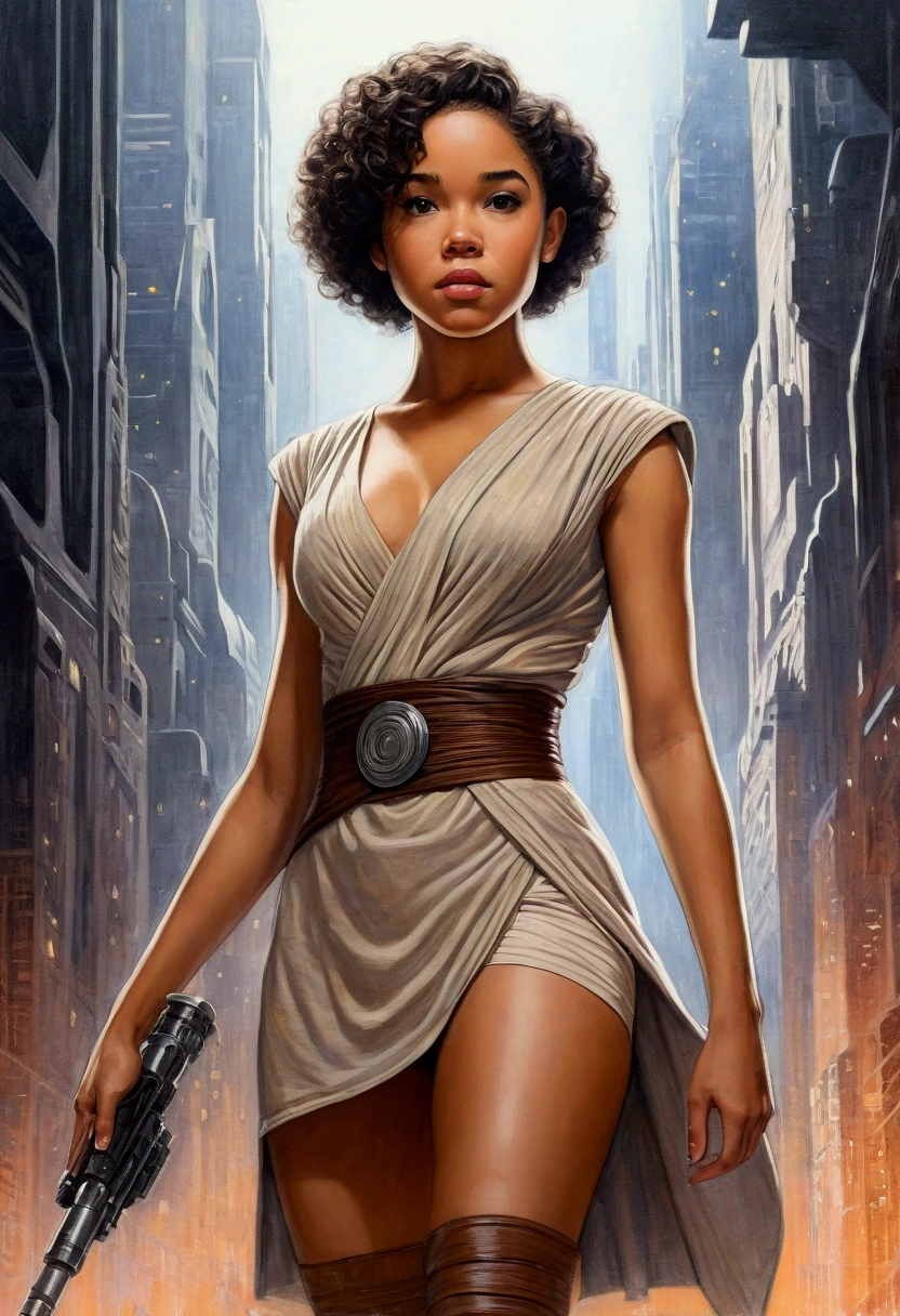 An illustrated movie poster, hand-drawn, full color, a teenage Jedi, 18-years-old, female, wearing a mini-dress, athletic hourglass figure, busty bosoms, full wide hips, massive round butt, long shapely legs, ridiculously thick powerful thighs, hazel eyes, dark hair, kinky curly bob cut, warm brown complexion, resembles Alexandra Shipp, standing above Coruscant, graphite shading, stencil marks, airbrushed acrylic paint, masterpiece, in the style of Drew Struzan 
