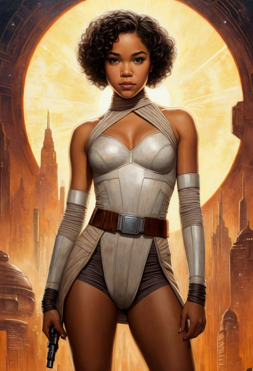 An illustrated movie poster, hand-drawn, full color, a teenage Jedi, 18-years-old, female, wearing a mini-dress, athletic hourglass figure, busty bosoms, full wide hips, massive round butt, long shapely legs, ridiculously thick powerful thighs, hazel eyes, dark hair, kinky curly bob cut, warm brown complexion, resembles Alexandra Shipp, standing above Coruscant, graphite shading, stencil marks, airbrushed acrylic paint, masterpiece, in the style of Drew Struzan 