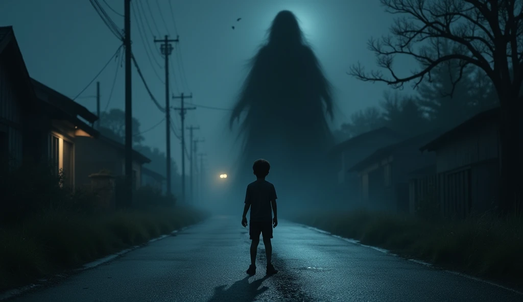 I want a night village image on the road a boy is standing and he is sweating to see a black ghost shadow to the road