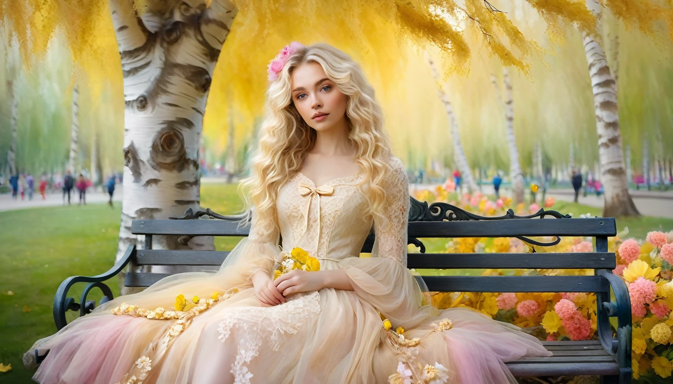 Blonde Russian babe. A stylized, romantic woman with loose, flowing fluffy curly blond hair, wearing soft romantic colored clothes made from tulle, ribbons and lace, sitting on a bench in a park square, surrounded by many Whimsically beautiful flowers. Ethereal background with tall, thin birch trees with yellow leafs , impasto, airbrush and brush strokes, chiaroscuro, romantic scenery, Whimsically beautiful scenery.