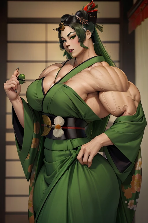 ((Close-up)), tall, (green hair), beautiful muscular geisha, long green hair, brown skinned, closed smile, (black lipstick), ((massive muscles)), (hyper muscle), ((ginormous bulky muscles)), orange eyes, ((((beautiful long green geisha kimono, long long skirt)))), (in a temple)