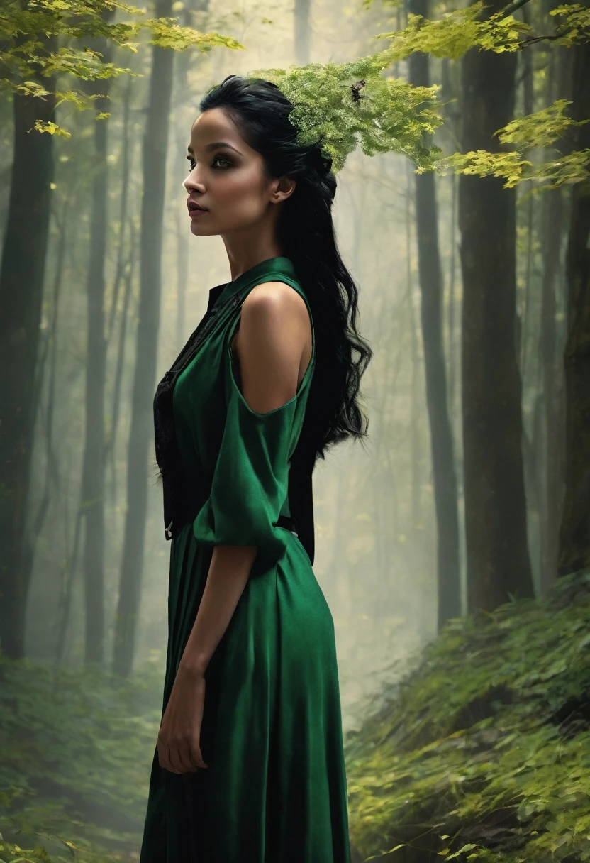 Cassia Ashford is a 1 girl whose presence is as enigmatic as the whispers that echo through the misty forest surrounding Welldenoury Academy. Her medium-length black hair is often caught in the soft breezes, framing her face with delicate strands that dance around her sharp cheekbones and moonlit pale complexion. Her eyes, a piercing dark green, seem to hold secrets of their own, reflecting the mysteries of the ancient woods she frequently finds herself drawn to. The uniform of the academy, a blend of green and black, clings to her slender frame, accentuating her grace and poise. Despite the rigidity of the school's attire, she manages to make it look as if it were tailored for her, a silent rebellion against the constraints of her environment. Her posture is that of a dancer, a poise that suggests she could pirouette through the corridors if she so chose. Yet, it is her eyes that truly capture the essence of her spirit—they are a window to the boundless curiosity and fearlessness that defines her.