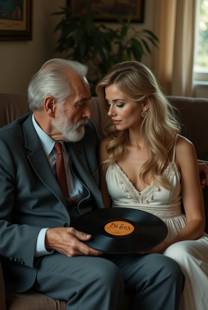 A beautiful woman sitting on the sofa, the image is 60s style, she is listening to a blues record. The name blues must appear clearly on the cover., next to her there is a radio that is playing blues, she has a sad look, and blonde with blue eyes. On the couch there is a bearded old man of 8, well dressed in a suit., they are looking at each other with loving gaze. I want the image in YouTube format.