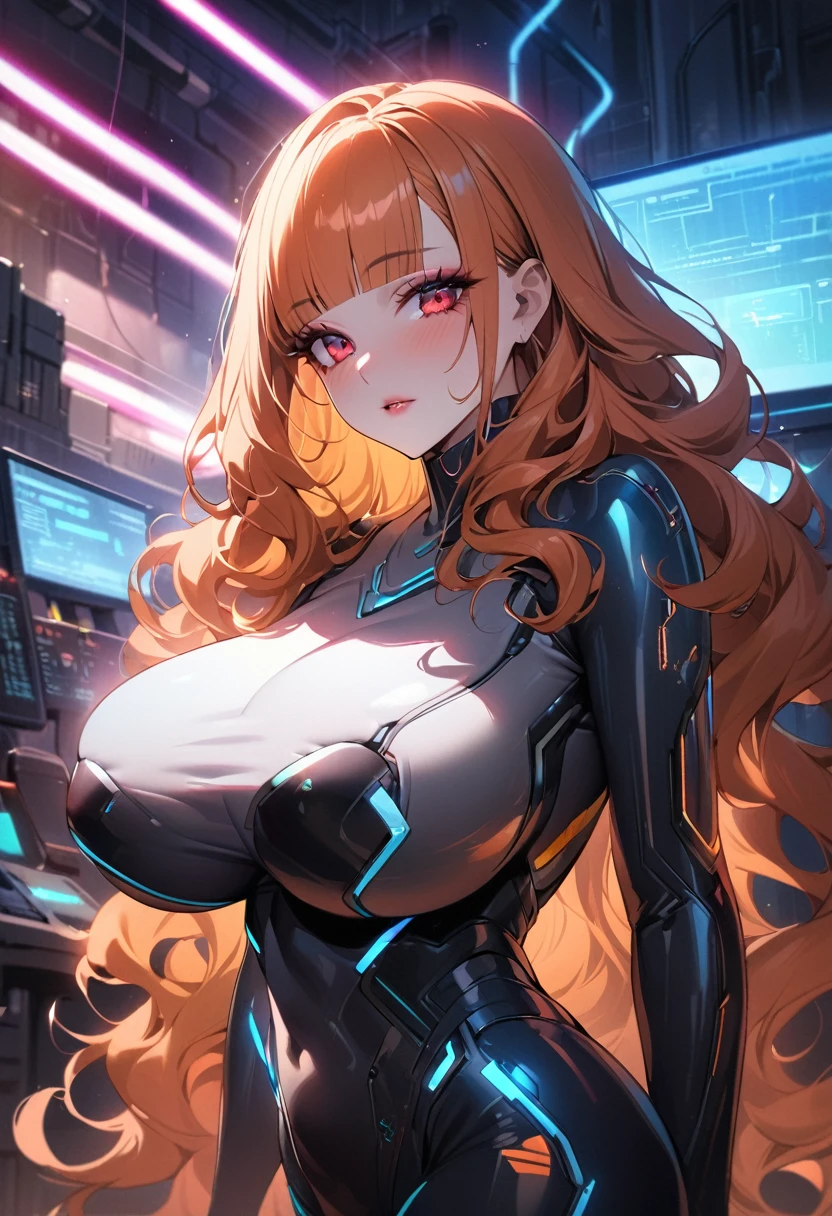 ((best quality)), ((Masterpiece)), (details), 1 woman, big breasts, orange hair, red eyes, ((My hair is very long., long wavy hair)), (Bangs:1.5) , curve, large breasts, huge breasts, beautiful face,  Beautiful skin , Long eyelashes, Thick eyelashes, cyberpunk, futuristic, cyberpunk bodysuit, neon,laboratory, Shading effect, Gradient magic effects, Fog filter effect, Glitter effect,Delicate and lively, artistic photography,Charming presence,elegant posture,