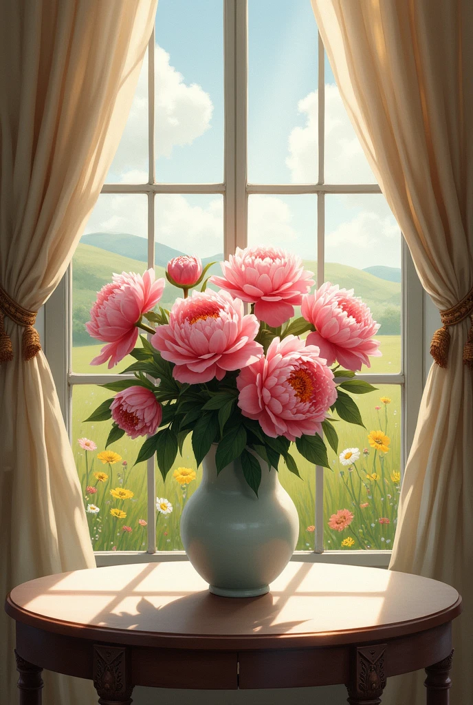 Paint a picture: There is a vase with a bouquet of peonies on the table by the window, There are curtains on the window, there is a field outside the window.