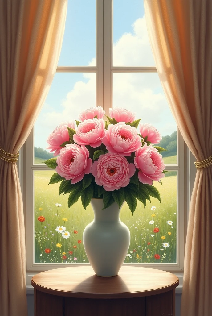 Paint a picture: There is a vase with a bouquet of peonies on the table by the window, There are curtains on the window, there is a field outside the window. 