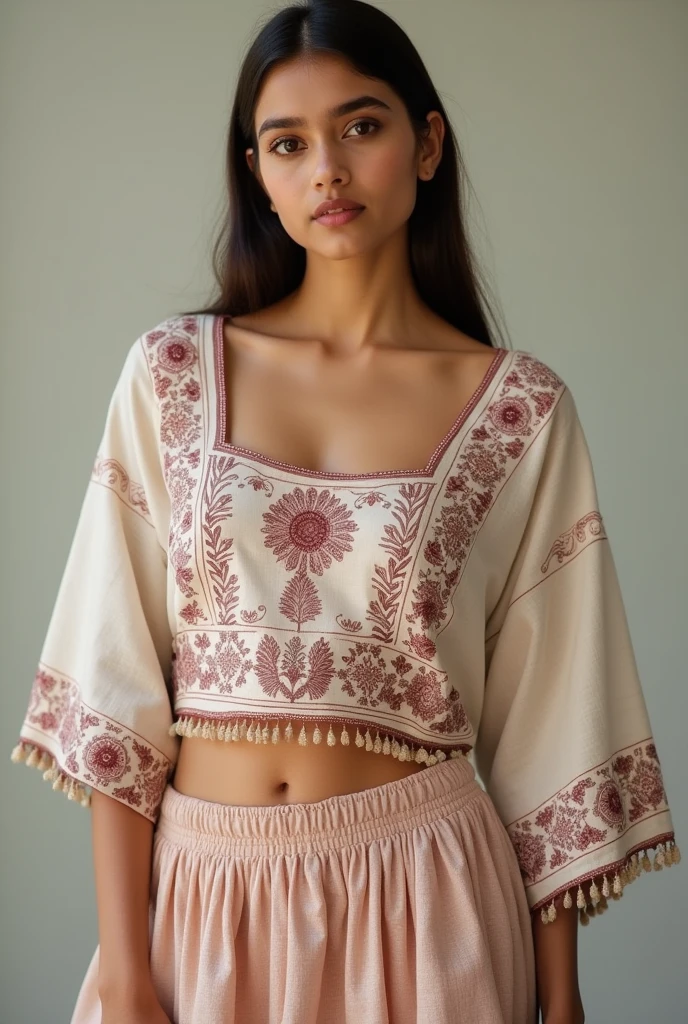 I have a white kashmiri shawl with very thin maroon embroidery. I wish to upcycle the shawl into something i can wear. Can you generate images of squareneck crop top designs for this shawl ?