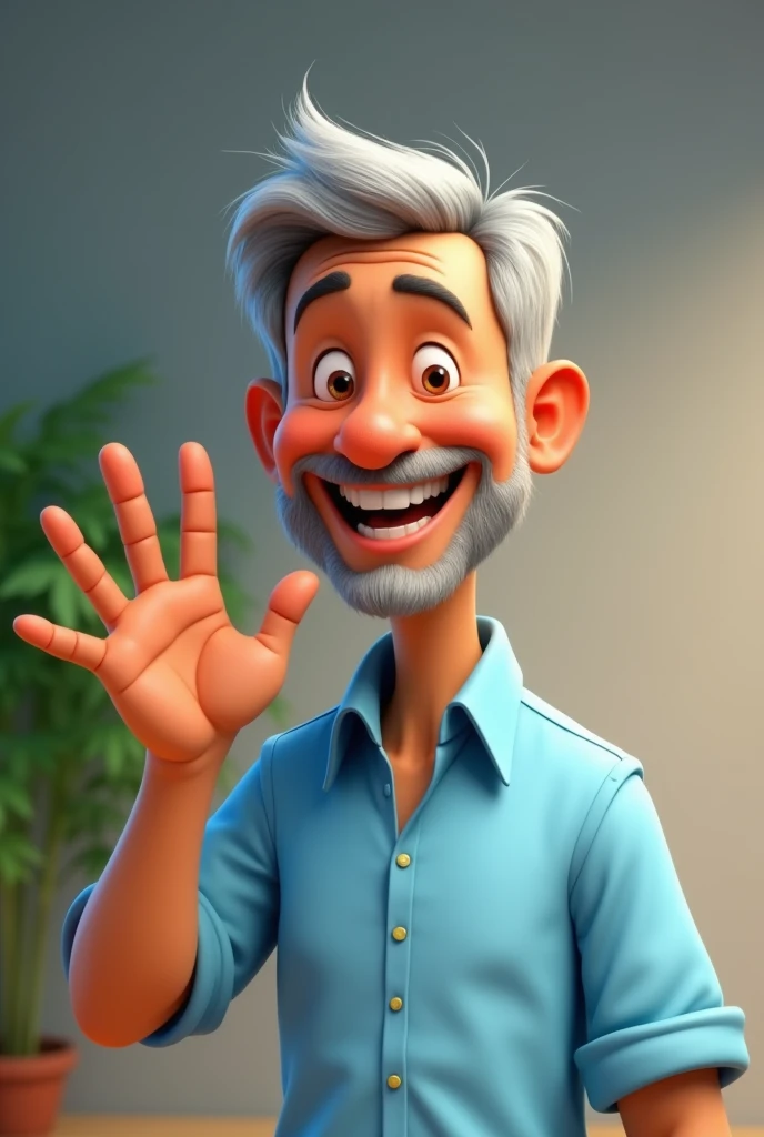 Brazilian man, aged about 52 years, hair grey, sem beard, more youthful appearance, slightly chubby face, ssmile, happy, wearing a light blue dress shirt, making a positive sign with your hand, cartoon pixar style