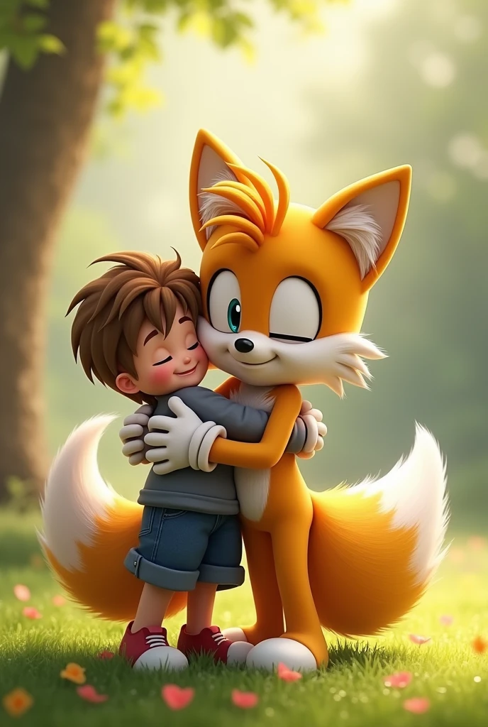 Tails hugging kid 