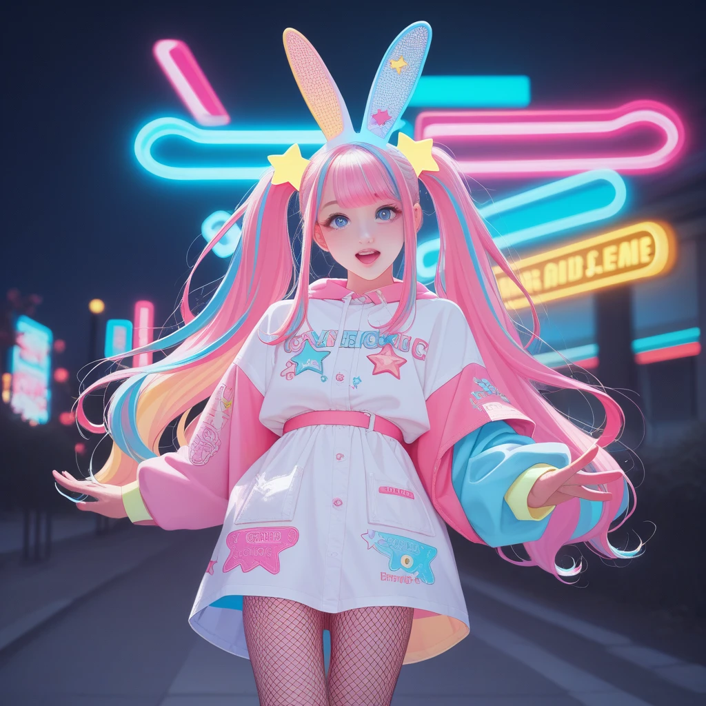 score_9_superior, score_8_superior, score_7_superior, score_6_superior, One person, alone, pastel colour, Open your mouth, Long Hair, star , (symbol), Bunny girl、Fishnet tights、Enamel costume、Twin tails, View your viewers, blue eyes, pastel neon lighting, sauce_anime, neon, neon theme ,
