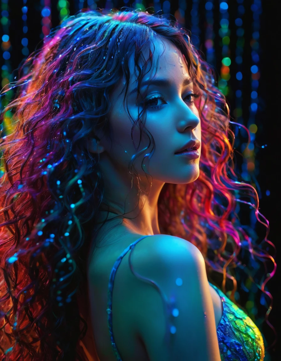 high quality, 8K Ultra HD, Imagine a night background in a vibrant windowpane illuminated by colorful raindrops, forming the silhouette of a beautiful woman, long, slightly curly hair lit from behind. The lines are threads of dynamic energy and iridescent colors, reminiscent of a digital dance. in tones ranging from electric blue to radiant reds and vivid greens, it brings a woman's form to life. Its silhouette appears as a synthesis of feminine beauty. highly detailed,